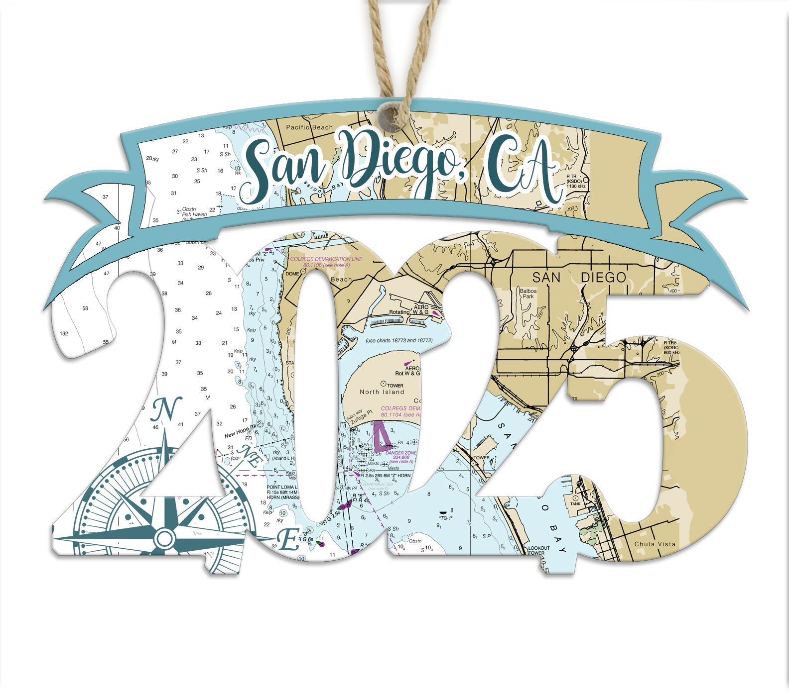 San Diego, CA 2025 Wood Art Map Souvenir Ornament