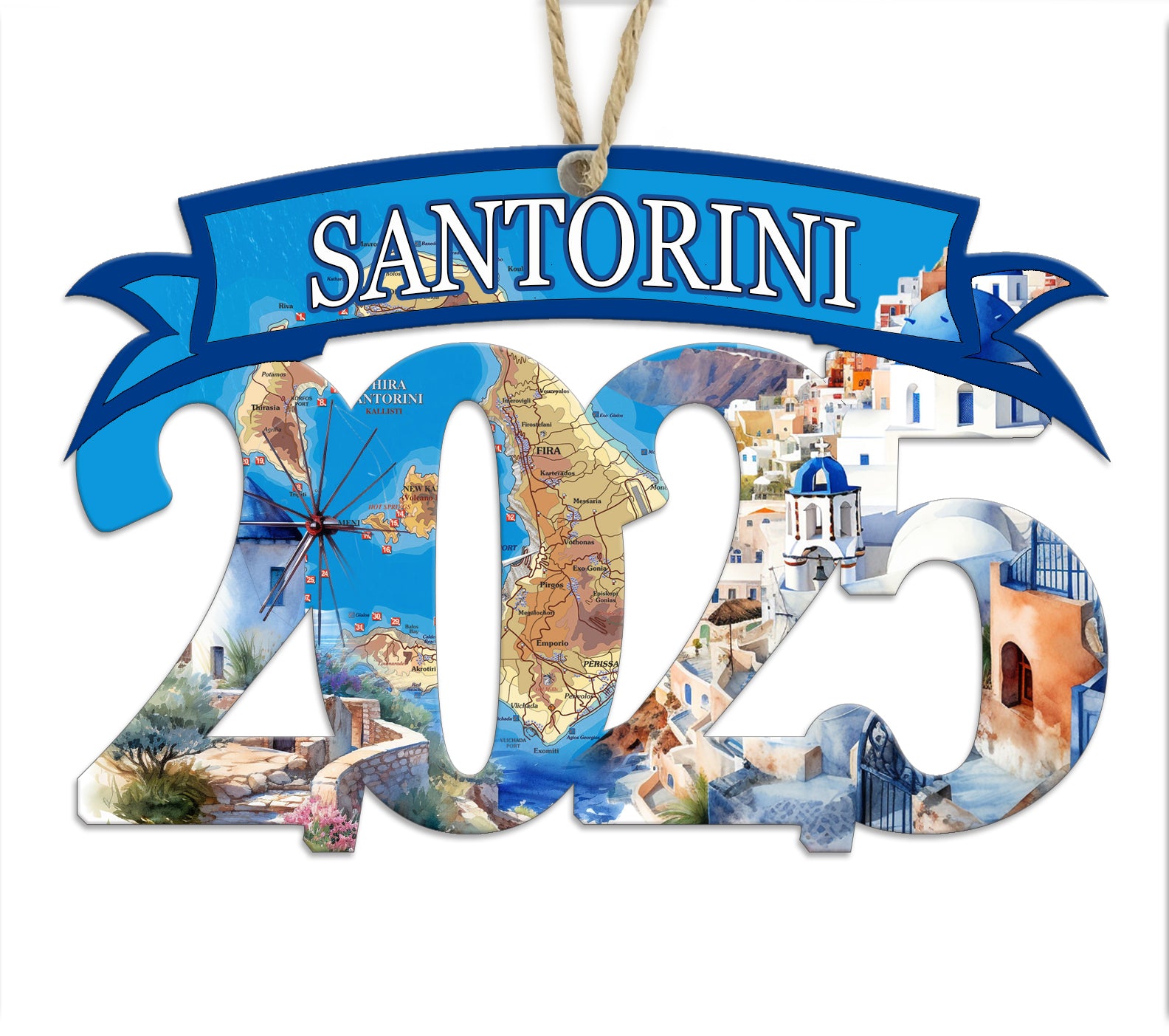 Santorini, Greece 2025 Wood Map Souvenir Ornament