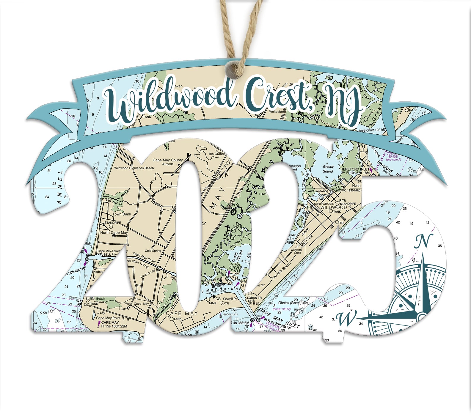 Wildwood Crest, NJ 2025 Wood Art Map Souvenir Ornament