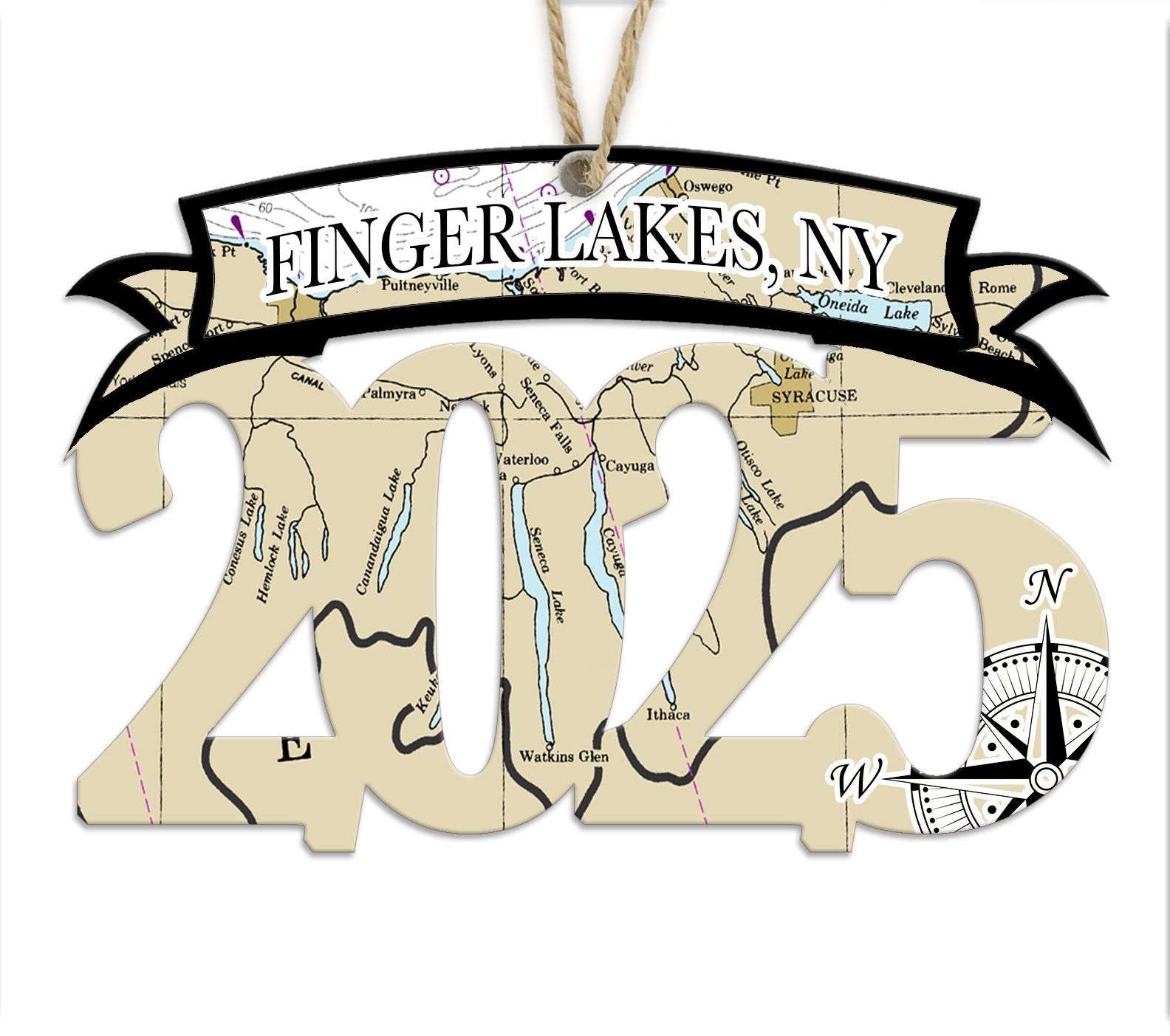 Finger Lakes, NY 2025 Wood Map Souvenir Ornament