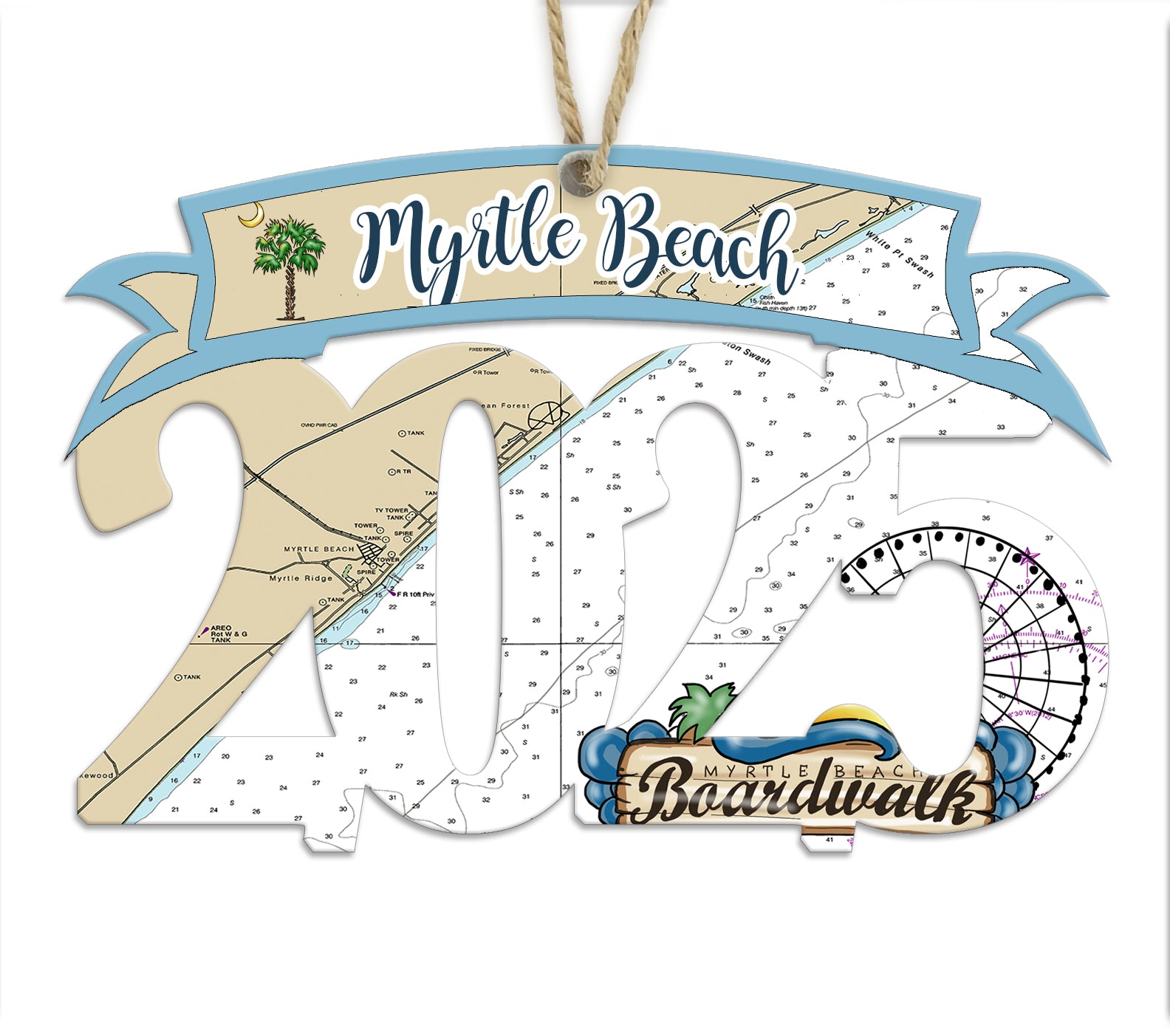 Myrtle Beach, SC 2025 Wood Art Map Souvenir Ornament