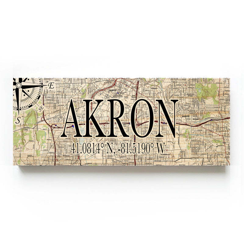 Akron, Ohio 3x9 Wood Coordinate Wall Hanging Map Sign