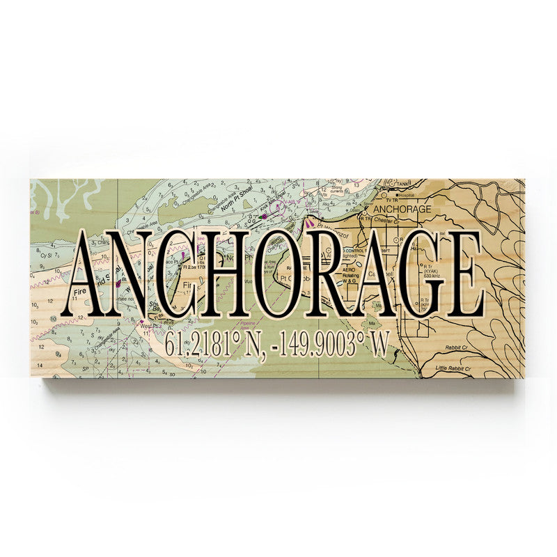 Anchorage, Alaska 3x9 Wood Coordinate Wall Hanging Map Sign