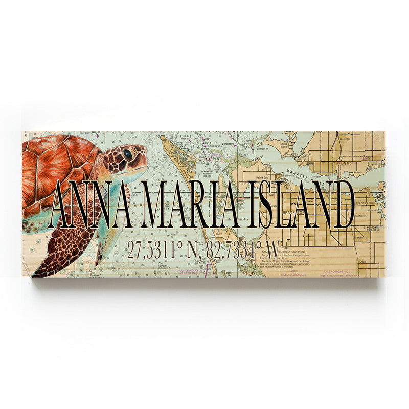Anna Maria Island, Florida with Turtle 3x9 Wood Coordinate Wall Hanging Map Sign