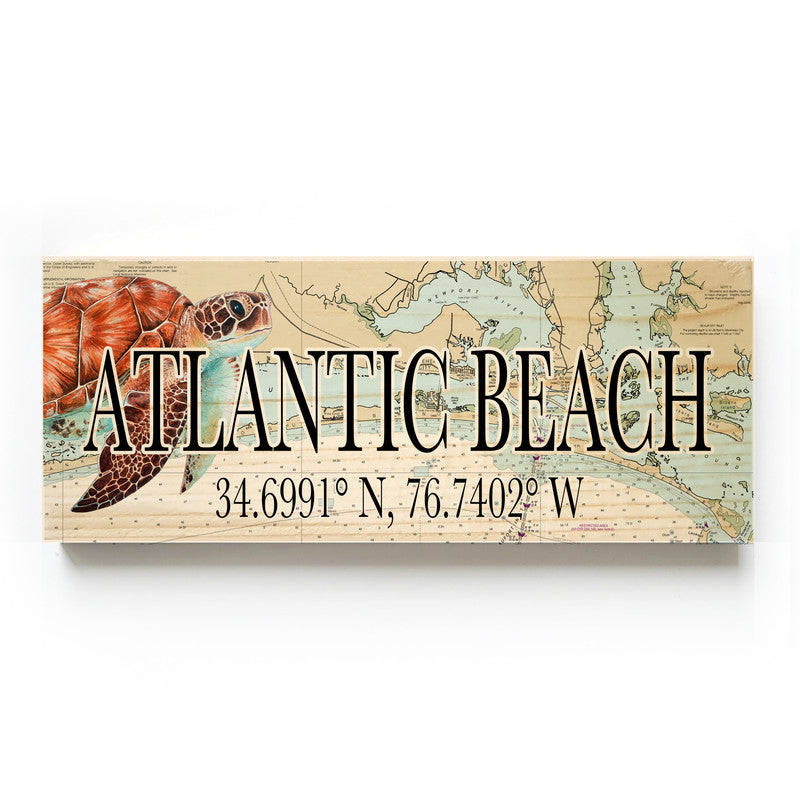 Atlantic Beach North Carolina with Turtle 3x9 Wood Coordinate Wall Hanging Map Sign