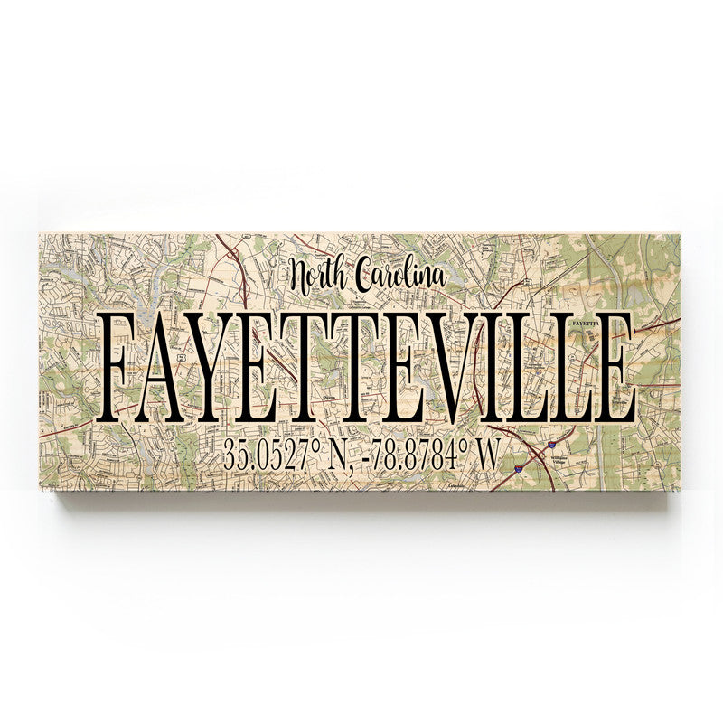 Fayetteville North Carolina 3x9 Wood Coordinate Wall Hanging Map Sign