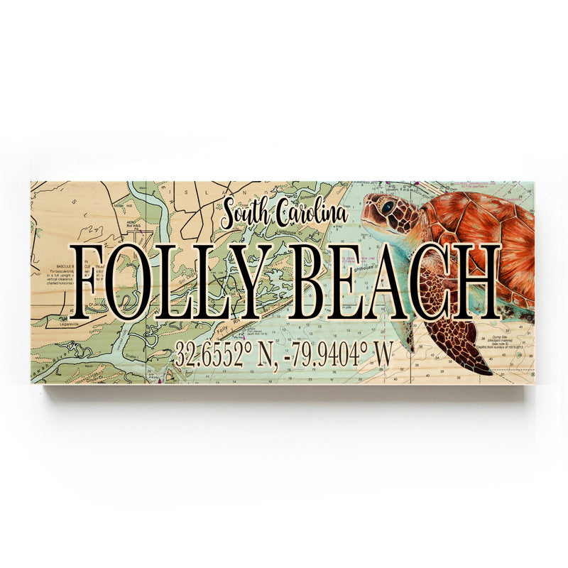 Folly Beach South Carolina with Sea Turtle 3x9 Wood Coordinate Wall Hanging Map Sign