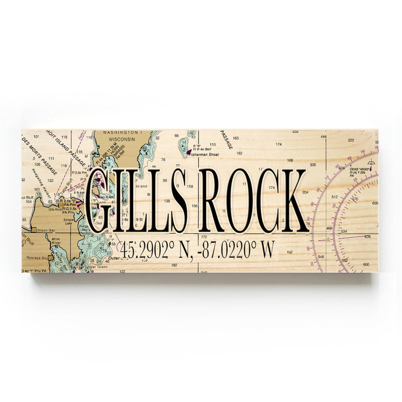 Gills Rock Wisconsin 3x9 Wood Coordinate Wall Hanging Map Sign