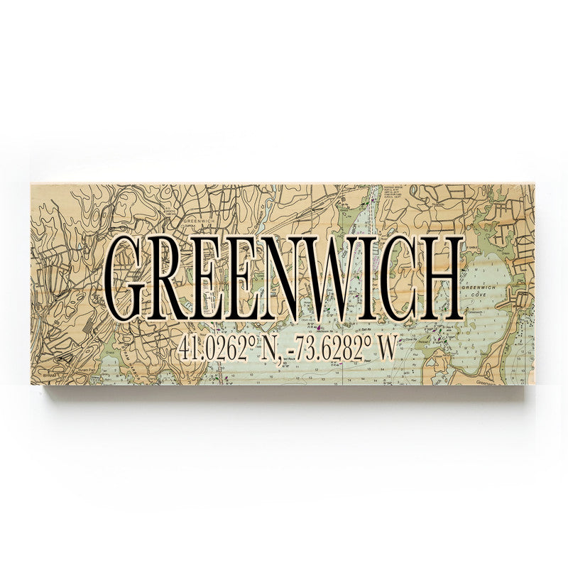 Greenwich Connecticut 3x9 Wood Coordinate Wall Hanging Map Sign