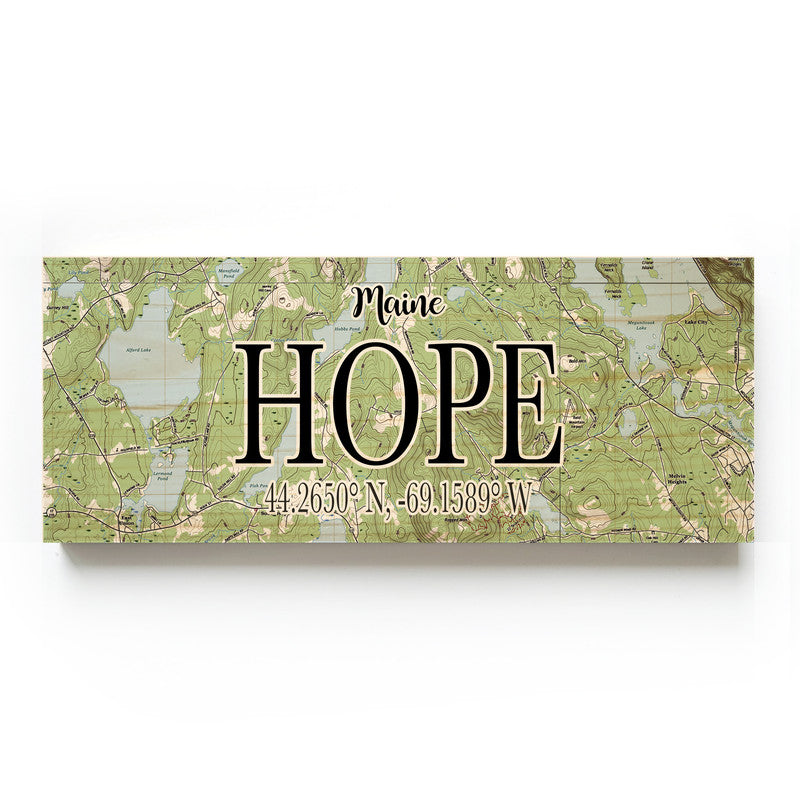 Hope Maine 3x9 Wood Coordinate Wall Hanging Map Sign