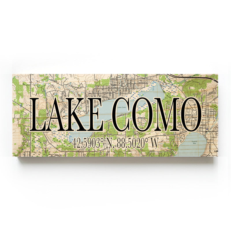 Lake Como Wisconsin 3x9 Wood Coordinate Wall Hanging Map Sign