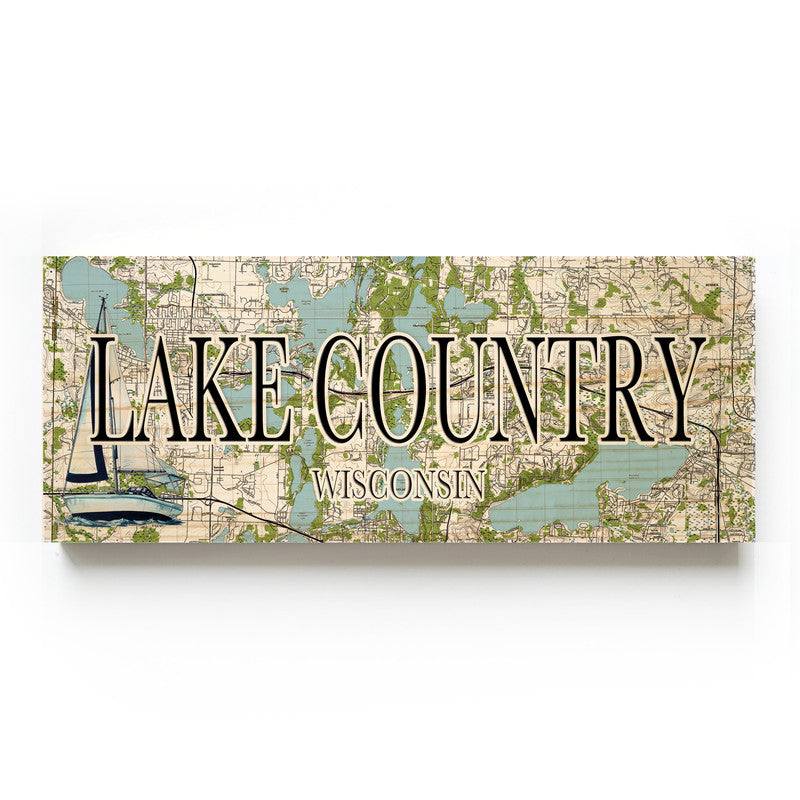 Lake Country Wisconsin 3x9 Wood Coordinate Wall Hanging Map Sign