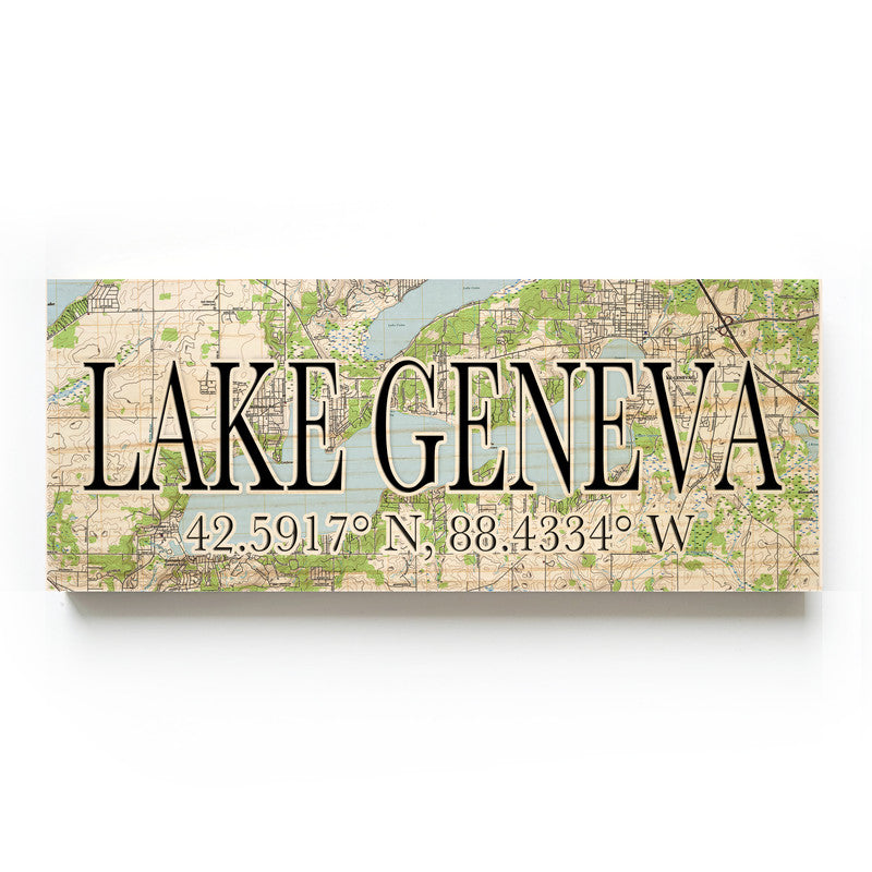 Lake Geneva 3x9 Wood Coordinate Wall Hanging Map Sign