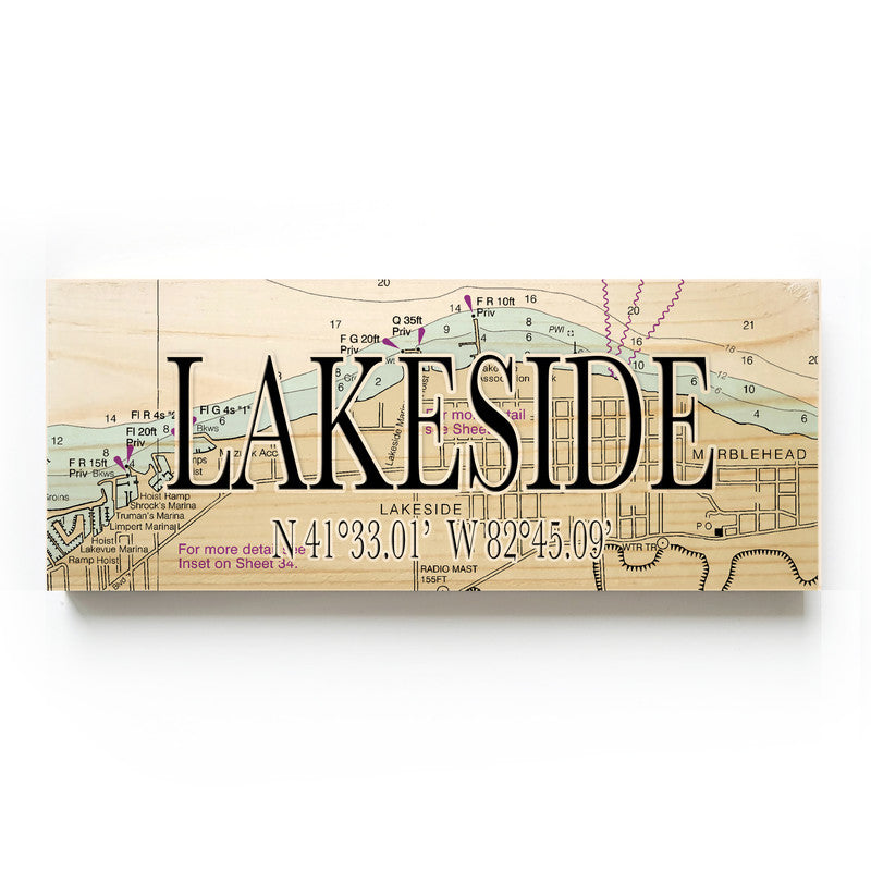 Lakeside Ohio 3x9 Wood Coordinate Wall Hanging Map Sign