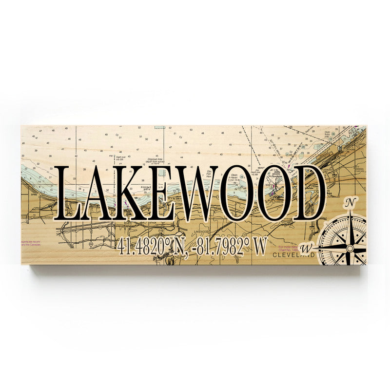 Lakewood Ohio 3x9 Wood Coordinate Wall Hanging Map Sign