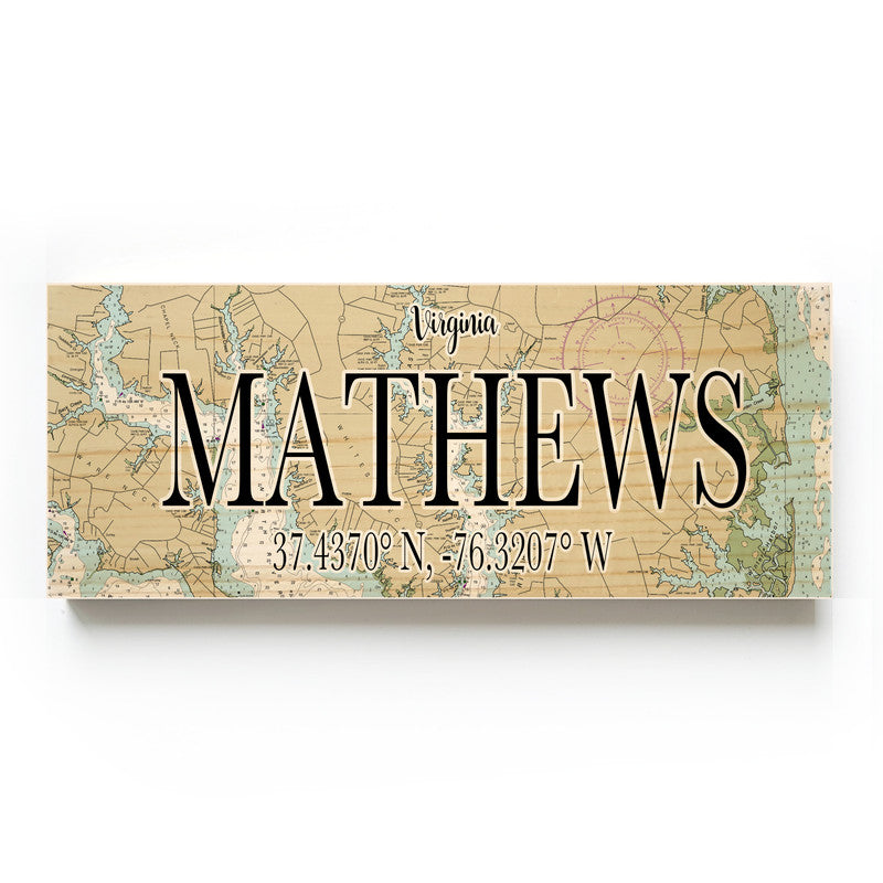 Mathews Virginia 3x9 Wood Coordinate Wall Hanging Map Sign