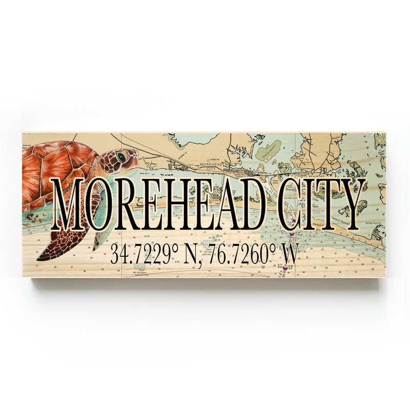 Morehead City North Carolina with Sea Turtle 3x9 Wood Coordinate Wall Hanging Map Sign