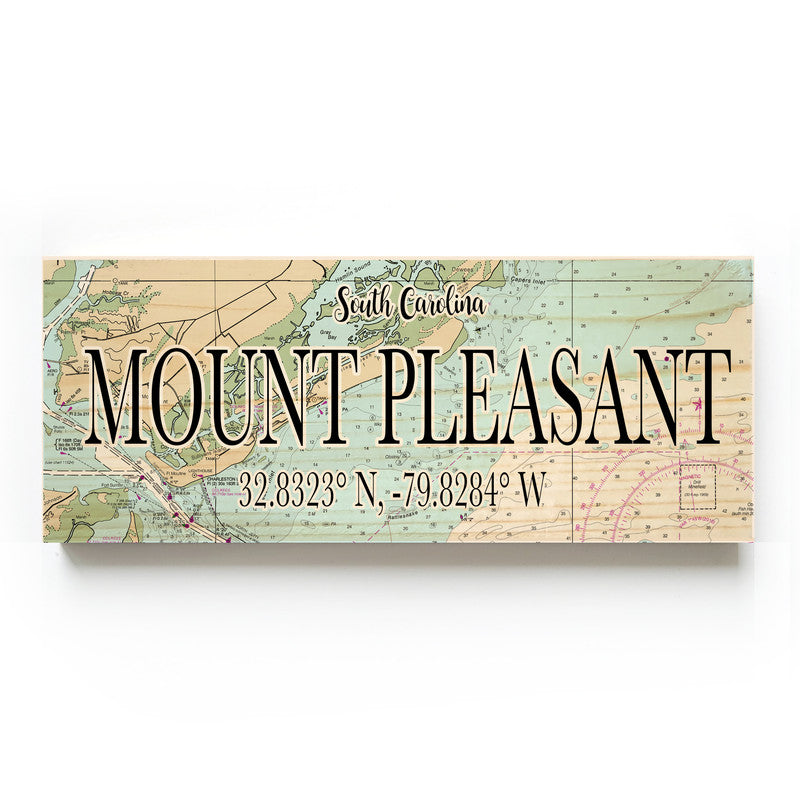 Mount Pleasant South Carolina 3x9 Wood Coordinate Wall Hanging Map Sign