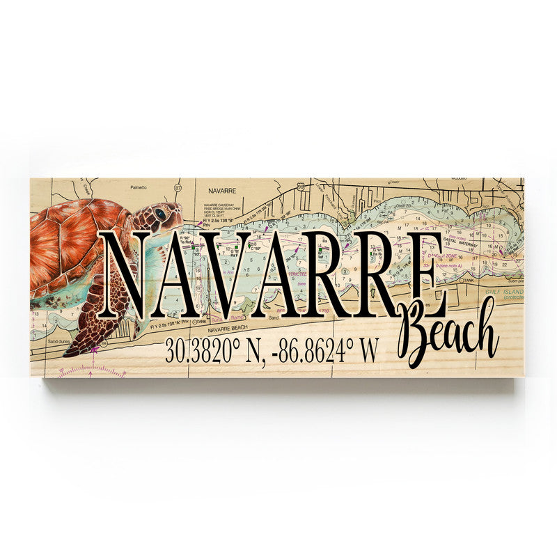 Navarre Beach Florida with Sea Turtle 3x9 Wood Coordinate Wall Hanging Map Sign