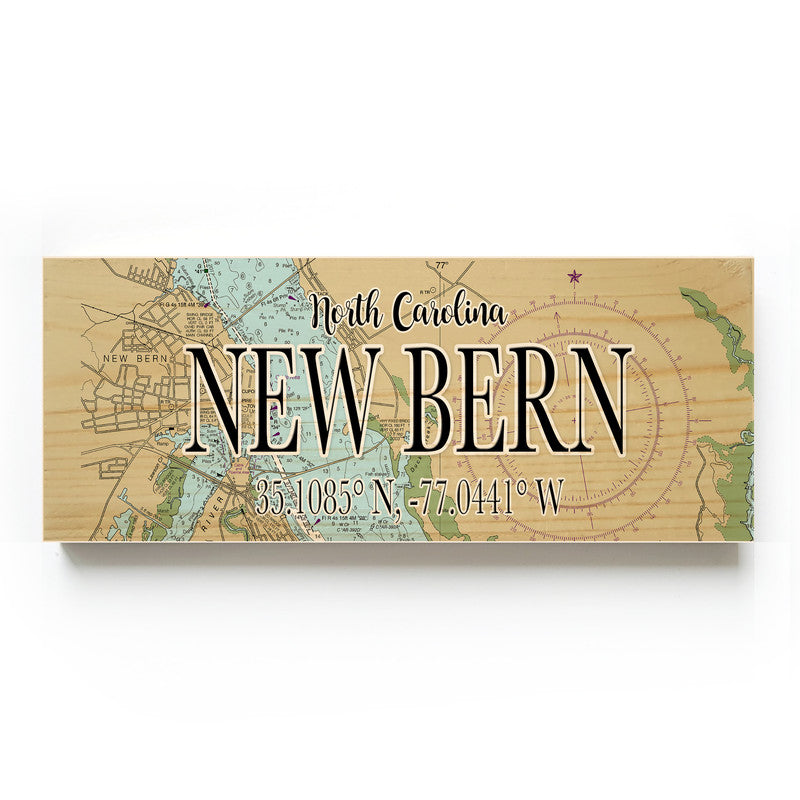 New Bern North Carolina 3x9 Wood Coordinate Wall Hanging Map Sign