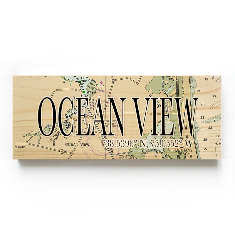 Ocean View Delaware 3x9 Wood Coordinate Wall Hanging Map Sign