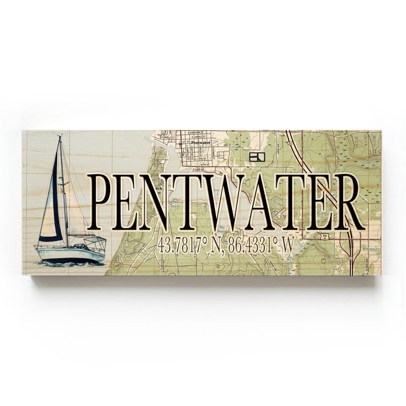 Pentwater Michigan with Sailboat 3x9 Wood Coordinate Wall Hanging Map Sign