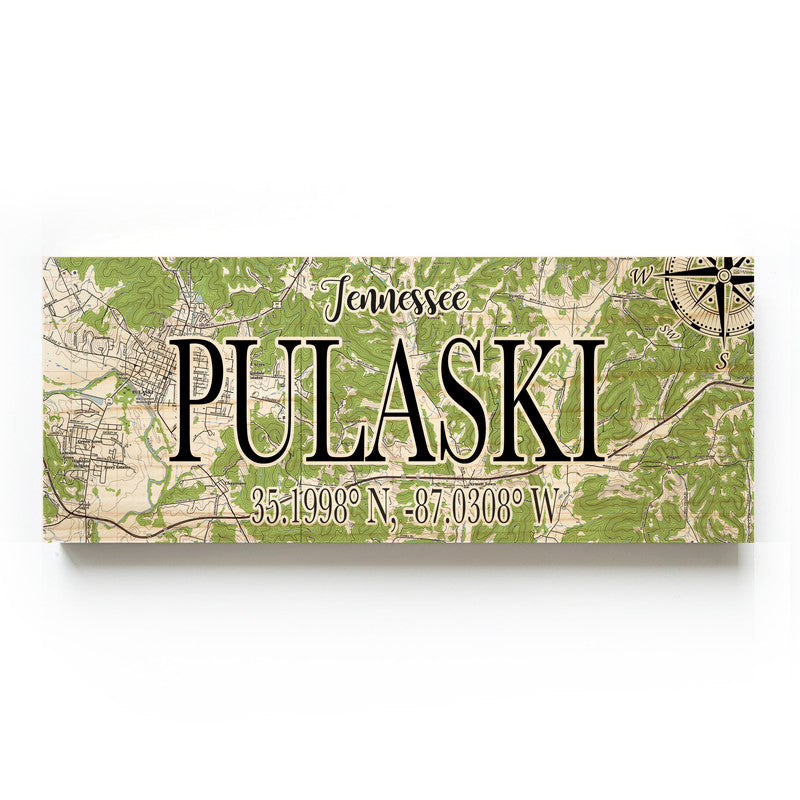 Pulaski Tennessee 3x9 Wood Coordinate Wall Hanging Map Sign