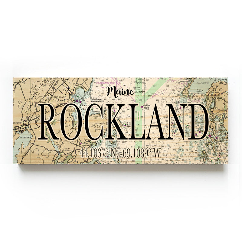 Rockland Maine 3x9 Wood Coordinate Wall Hanging Map Sign