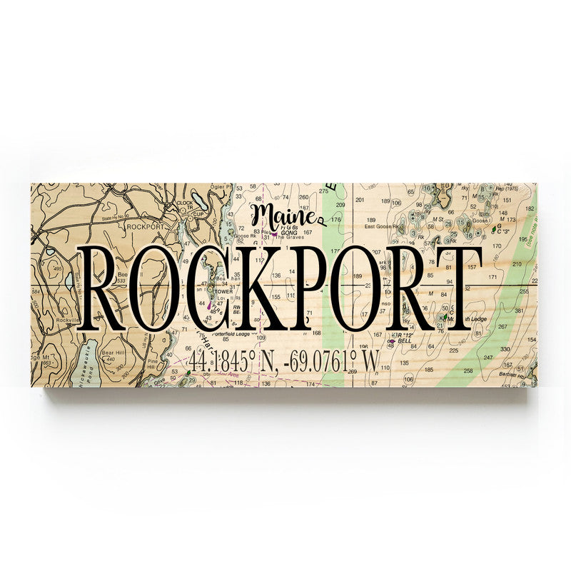 Rockport Maine 3x9 Wood Coordinate Wall Hanging Map Sign