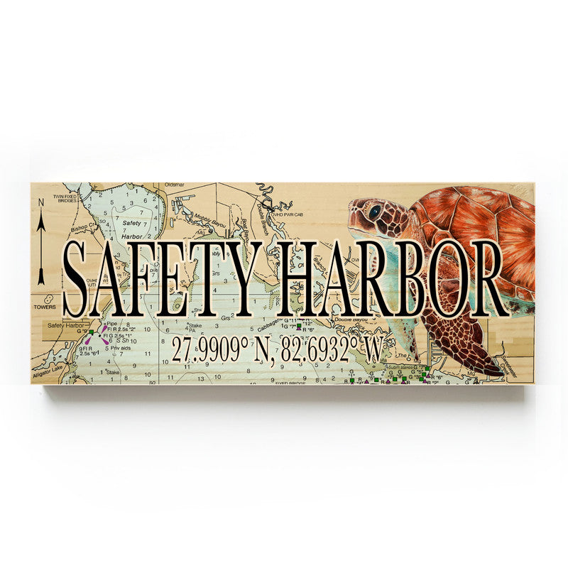 Safety Harbor Florida with Sea Turtle 3x9 Wood Coordinate Wall Hanging Map Sign