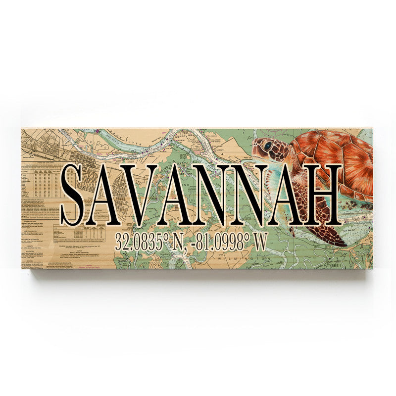 Savannah Georgia with Sea Turtle 3x9 Wood Coordinate Wall Hanging Map Sign