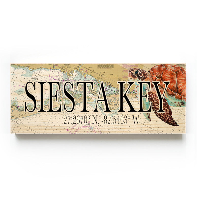 Siesta Key Florida with Sea Turtle 3x9 Wood Coordinate Wall Hanging Map Sign