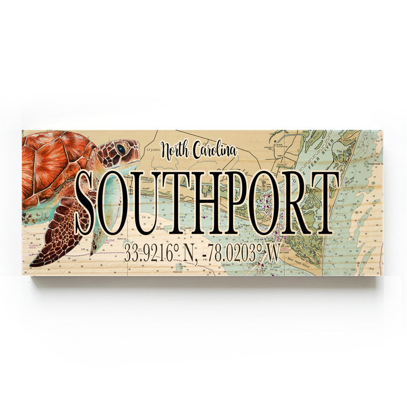 Southport North Carolina with Sea Turtle 3x9 Wood Coordinate Wall Hanging Map Sign