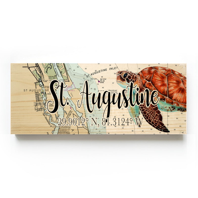 St Augustine Florida with Sea Turtle 3x9 Wood Coordinate Wall Hanging Map Sign