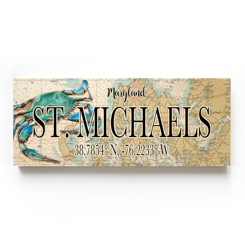 St Michaels Maryland with Blue Crab 3x9 Wood Coordinate Wall Hanging Map Sign