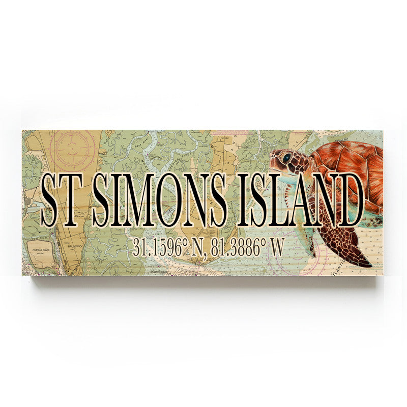 St Simons Island Georgia with Sea Turtle 3x9 Wood Coordinate Wall Hanging Map Sign