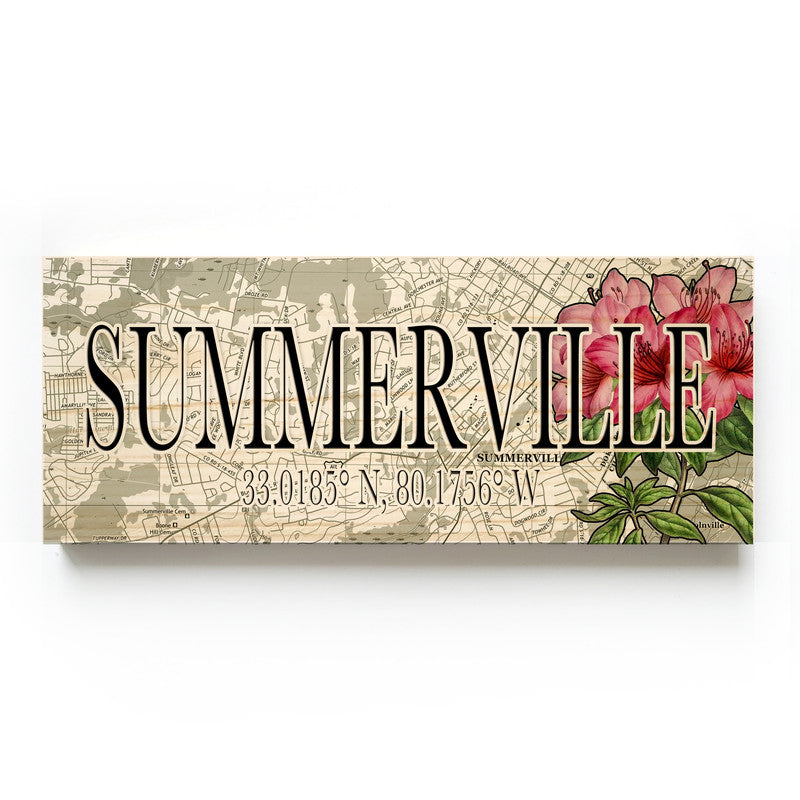 Summerville South Carolina with Azelias 3x9 Wood Coordinate Wall Hanging Map Sign