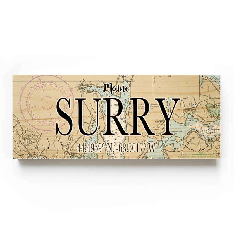 Surry Maine 3x9 Wood Coordinate Wall Hanging Map Sign