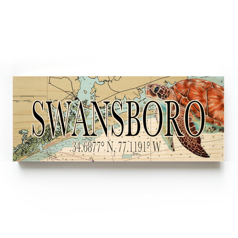 Swansboro North Carolina with Sea Turtle 3x9 Wood Coordinate Wall Hanging Map Sign