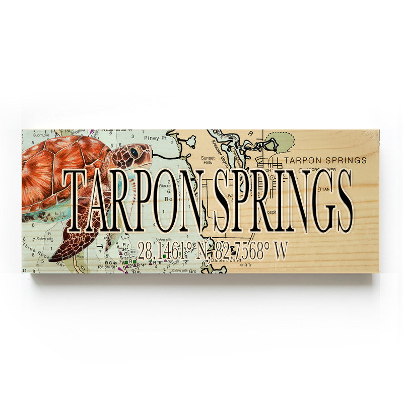 Tarpon Springs Florida with Sea Turtle 3x9 Wood Coordinate Wall Hanging Map Sign