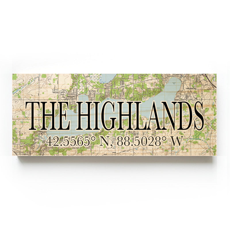 The Highlands Wisconsin 3x9 Wood Coordinate Wall Hanging Map Sign