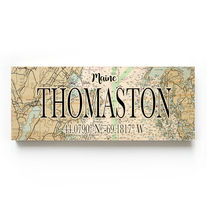 Thomaston Maine 3x9 Wood Coordinate Wall Hanging Map Sign