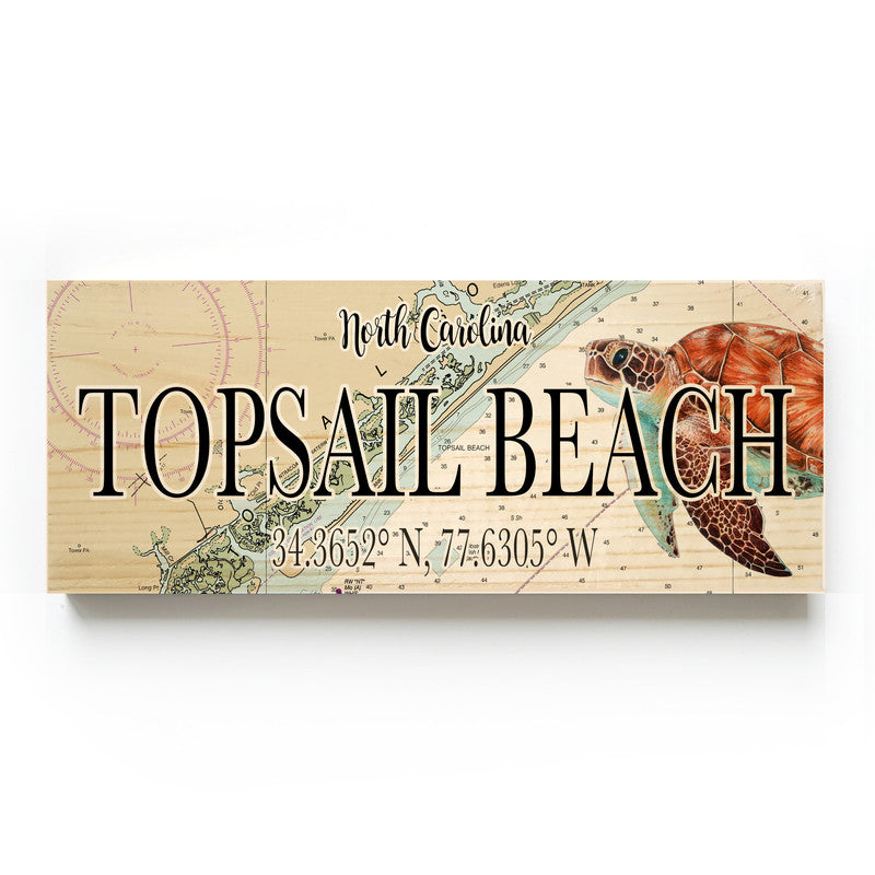 Topsail Beach North Carolina with Sea turtle 3x9 Wood Coordinate Wall Hanging Map Sign