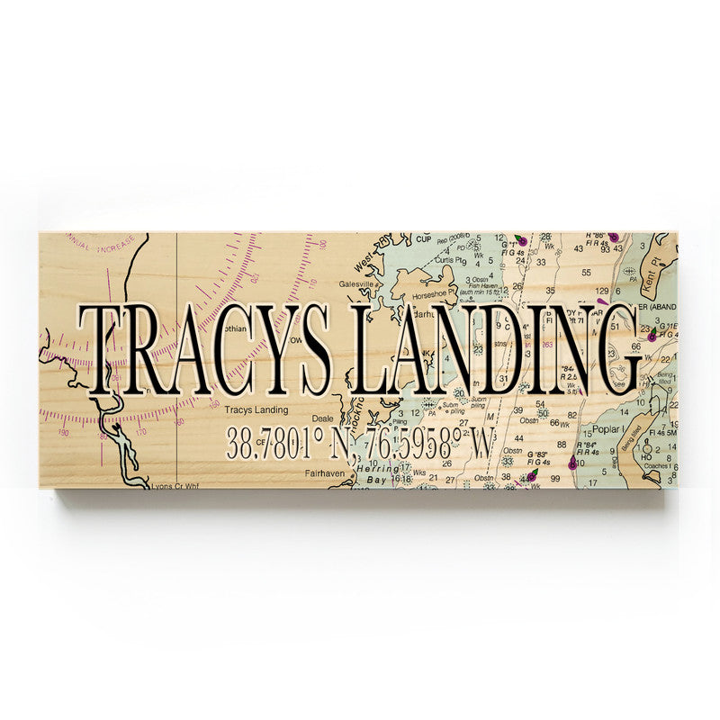 Tracys Landing Maryland 3x9 Wood Coordinate Wall Hanging Map Sign