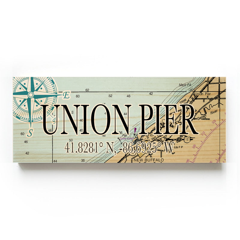 Union Pier Michigan 3x9 Wood Coordinate Wall Hanging Map Sign