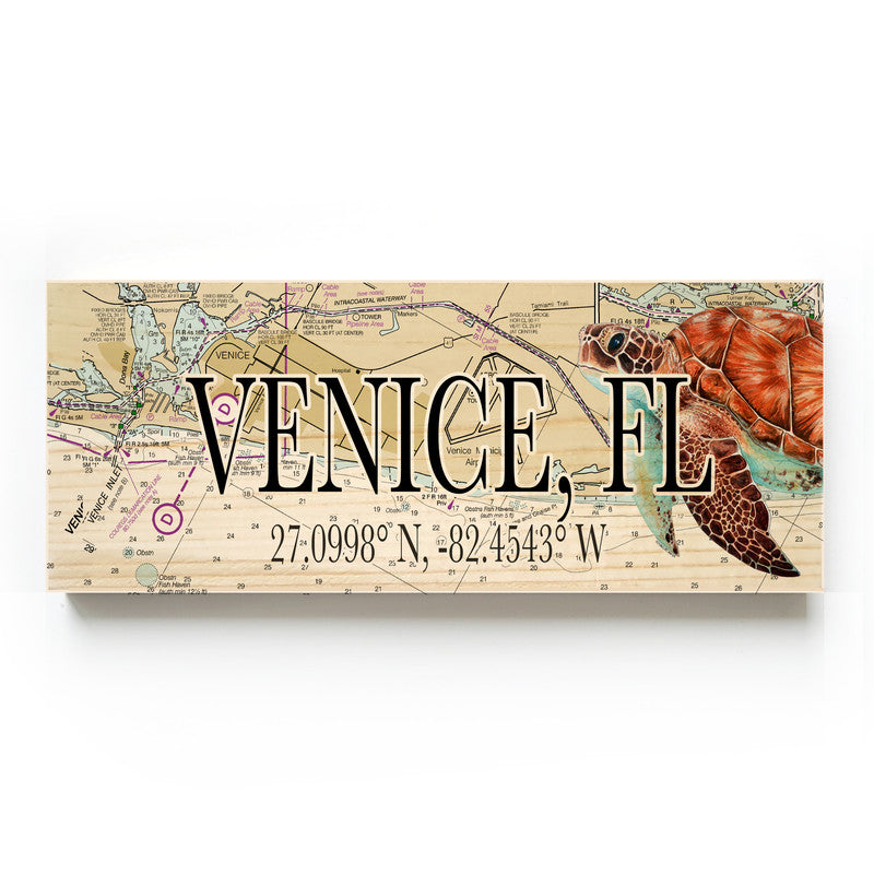 Venice Florida with Sea Turtle 3x9 Wood Coordinate Wall Hanging Map Sign