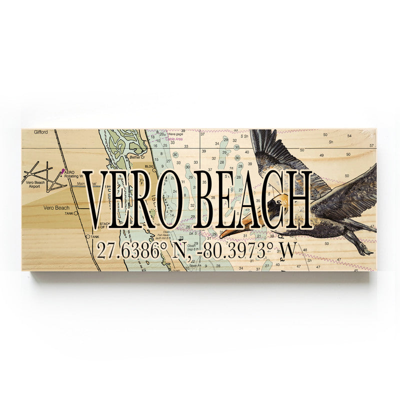 Vero Beach Florida with Pelican 3x9 Wood Coordinate Wall Hanging Map Sign