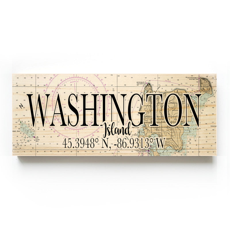 Washington Island Wisconsin 3x9 Wood Coordinate Wall Hanging Map Sign