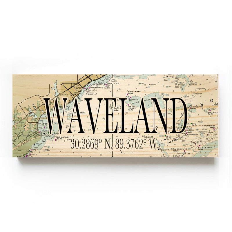 Waveland Mississippi 3x9 Wood Coordinate Wall Hanging Map Sign