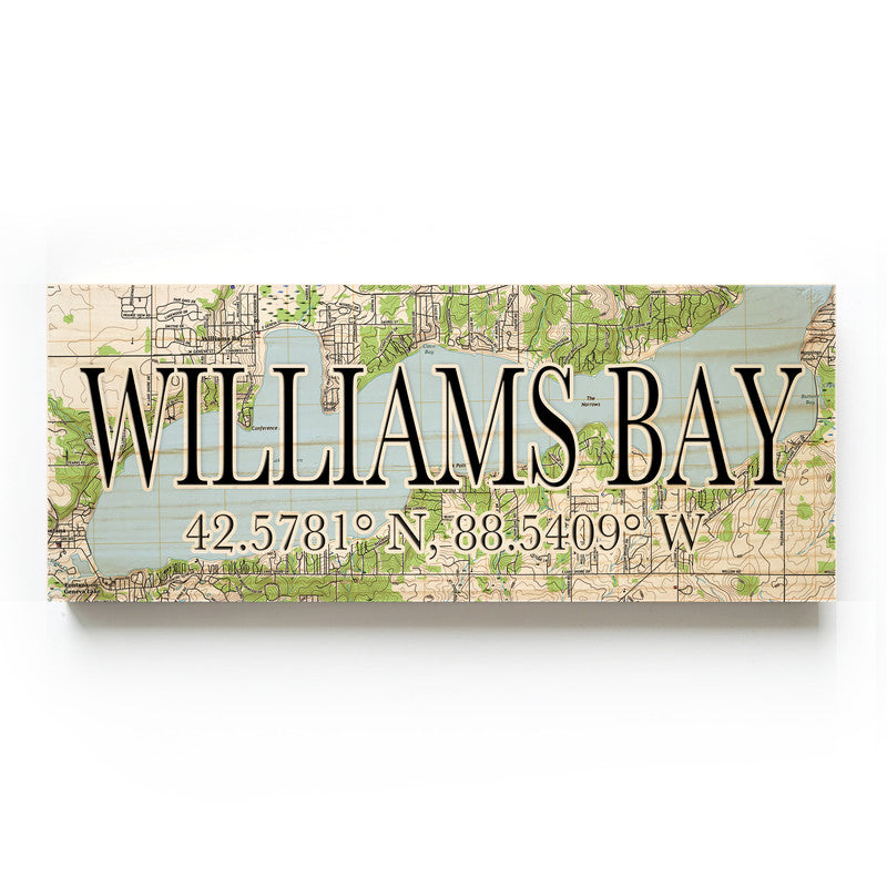 Williams Bay Wisconsin 3x9 Wood Coordinate Wall Hanging Map Sign